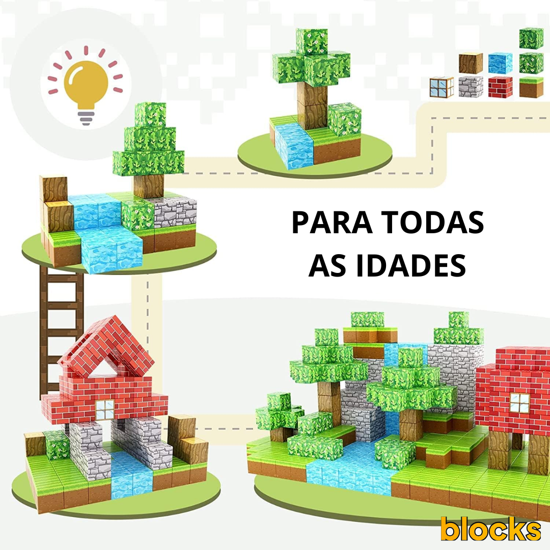 Blocos de Construção Magnética Minecraft - 80 Blocos + (3 Bonecos Exclusivos)