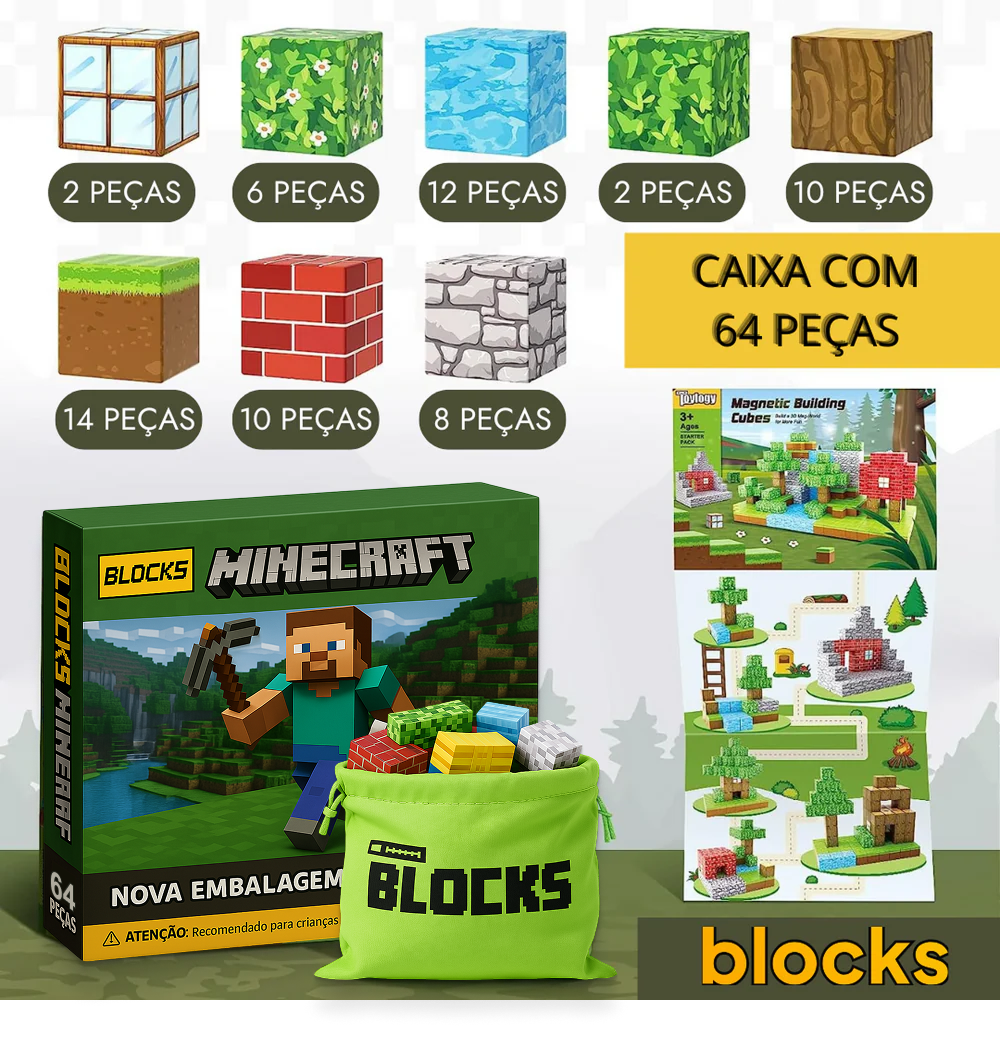 Blocos de Construção Magnética - 48/64/75 peças [+5 Bonecos GRÁTIS]